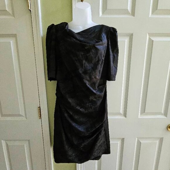 Theia Boat Neck Gathered Brush Stroke Black Knee Length Cocktail Dress Size 12 - Picture 1 of 16